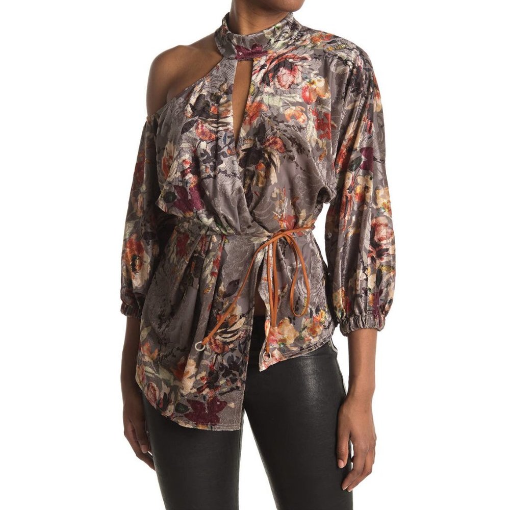 NEW Allen Schwartz Women Mulberry Asymmetric Velvet Burn Out Wrap Dress Blouse - Picture 1 of 10